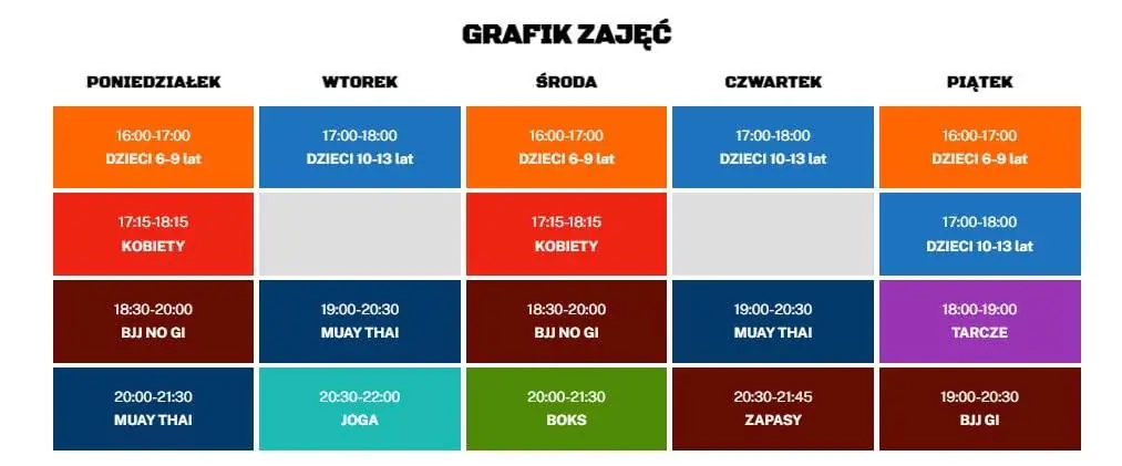 Grafik zajęć INFINITY Elbląg